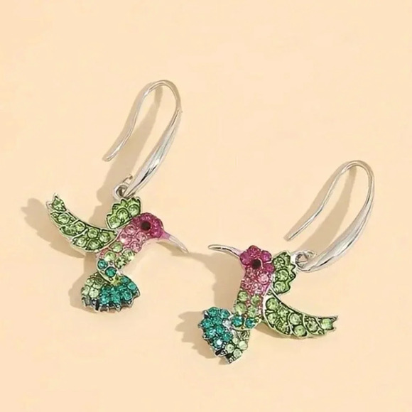 CHARMING & COLORFUL HummingBird Rhinestone Silvertoned Crystal Earrings … - Picture 2 of 2